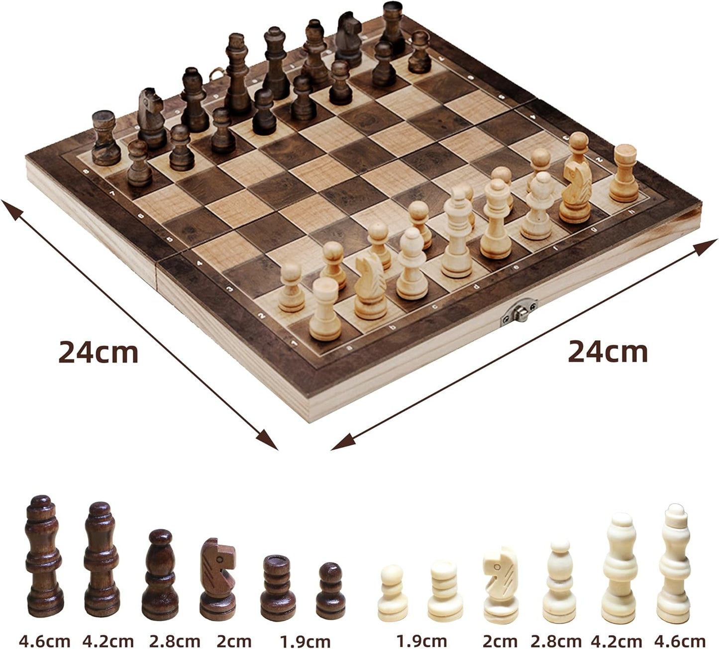 3 in 1 Chess Set, Folding 24cm Wooden Board, Includes Chess, Checkers, Backgammon, Handcrafted Pieces with Storage, Elegant Present for Adults and Kids, Holiday, Birthday, Christmas, Travel Game