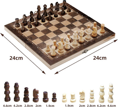 3 in 1 Chess Set, Folding 24cm Wooden Board, Includes Chess, Checkers, Backgammon, Handcrafted Pieces with Storage, Elegant Present for Adults and Kids, Holiday, Birthday, Christmas, Travel Game