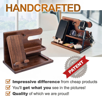 Wood Phone Docking Station Ash Key Holder Wallet Stand Watch Organizer Men Gift Husband Wife Anniversary Dad Birthday Nightstand Purse Father Graduation Male Travel Idea Gadgets (Brown)