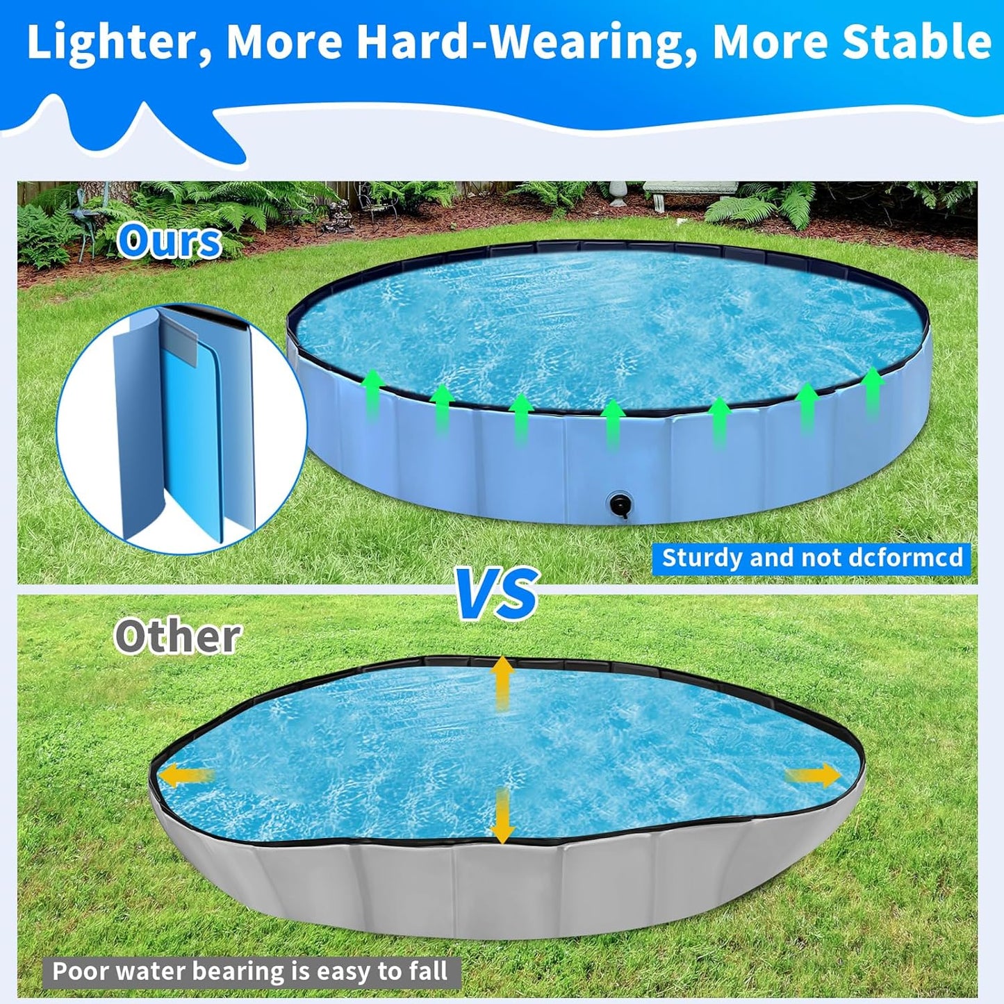 Foldable Dog Pool, Hard Plastic Kids Pool for Toddlers 1-3, 164cm Blue Pet Bathtub, Swimming Pool for Kids, Foldable Kids Pool for Garden, Play Pool for Kids, Dog, Cat