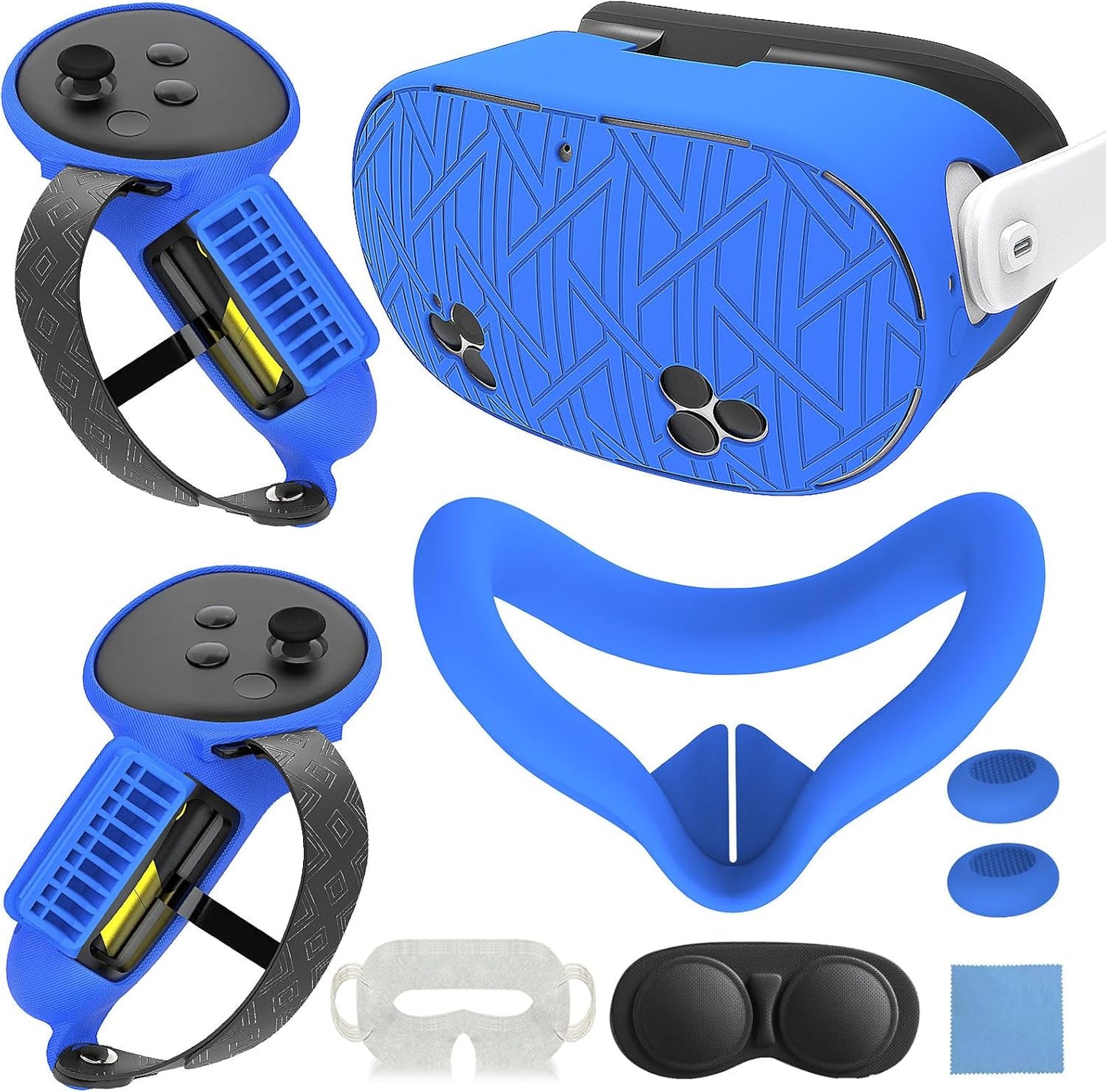 7-in-1 Protective Silicone Cover Set for Meta Quest 3s Accessories, Included Battery Opening Controller Grips, VR Silicone Face Cover and Shell Cover_(Stripe-Blue)