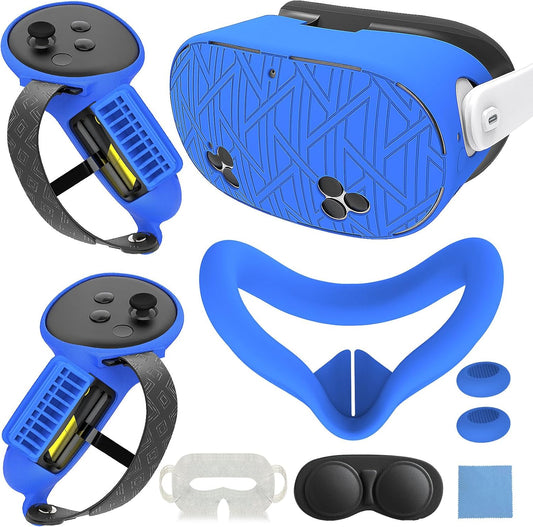7-in-1 Protective Silicone Cover Set for Meta Quest 3s Accessories, Included Battery Opening Controller Grips, VR Silicone Face Cover and Shell Cover_(Stripe-Blue)