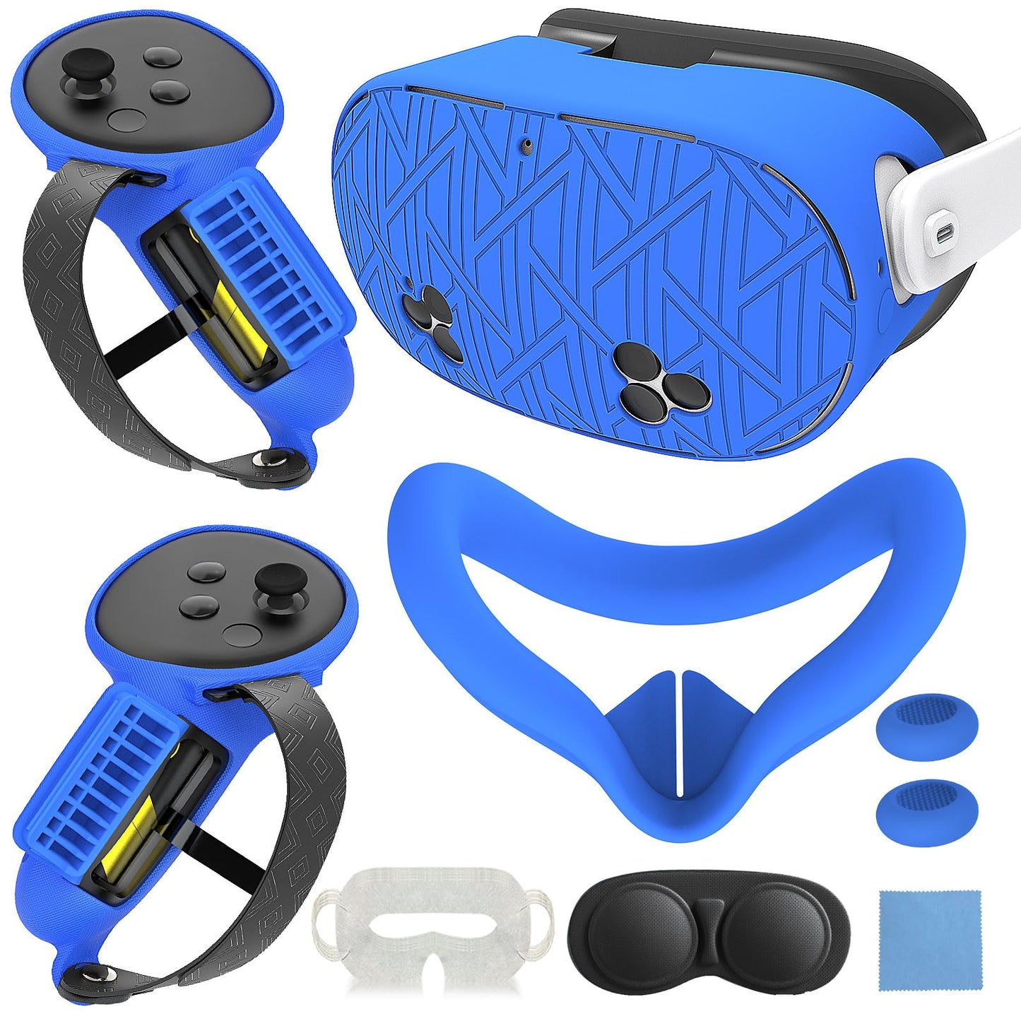 7-in-1 Protective Silicone Cover Set for Meta Quest 3s Accessories, Included Battery Opening Controller Grips, VR Silicone Face Cover and Shell Cover_(Stripe-Blue)