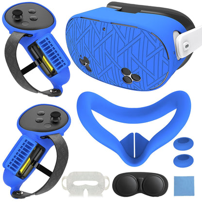 7-in-1 Protective Silicone Cover Set for Meta Quest 3s Accessories, Included Battery Opening Controller Grips, VR Silicone Face Cover and Shell Cover_(Stripe-Blue)