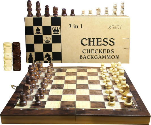3 in 1 Chess Set, Folding 24cm Wooden Board, Includes Chess, Checkers, Backgammon, Handcrafted Pieces with Storage, Elegant Present for Adults and Kids, Holiday, Birthday, Christmas, Travel Game