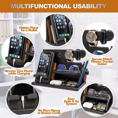 Wood Phone Docking Station Ash Key Holder Wallet Stand Watch Organizer Men Gift Husband Wife Anniversary Dad Birthday Nightstand Purse Father Graduation Male Travel Idea Gadgets (Brown)