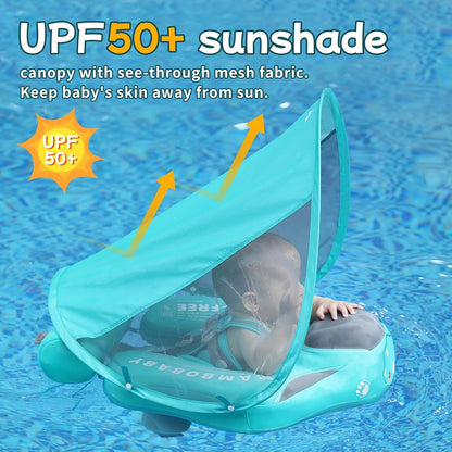Mambobaby Float Non Inflatable Smart Swim Trainer Newest Size Improved Add Tail Never Flip Over UPF 50+ Sun Canopy Baby Swim Float Mambo Baby Float Solid Swimming Ring Infant Pool Float