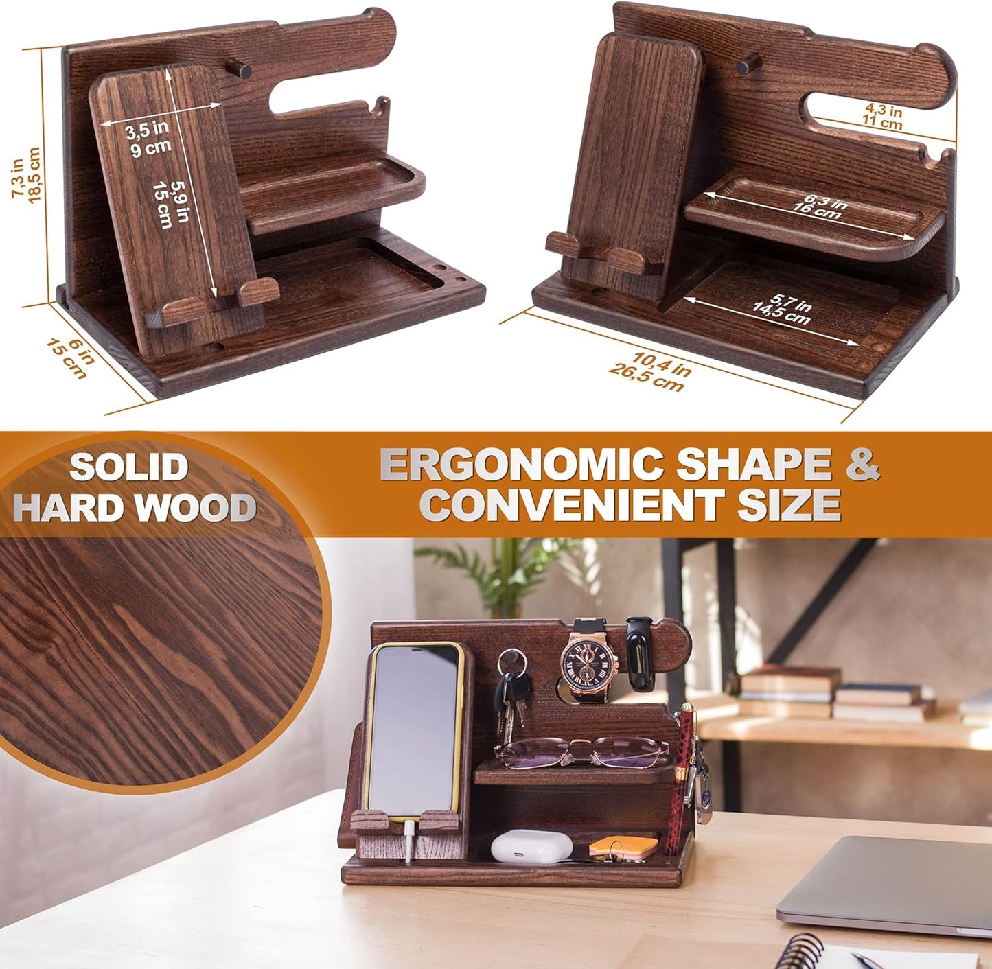 Wood Phone Docking Station Ash Key Holder Wallet Stand Watch Organizer Men Gift Husband Wife Anniversary Dad Birthday Nightstand Purse Father Graduation Male Travel Idea Gadgets (Brown)