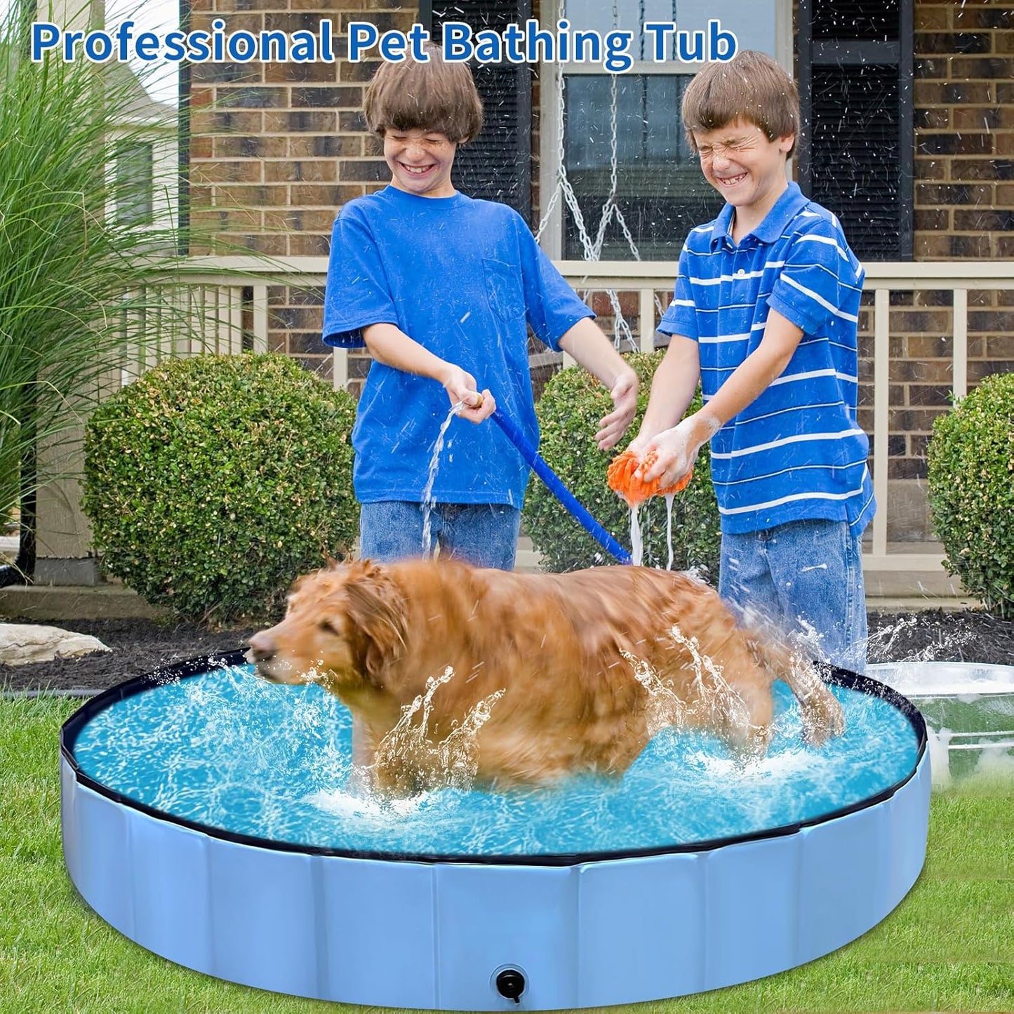 Foldable Dog Pool, Hard Plastic Kids Pool for Toddlers 1-3, 164cm Blue Pet Bathtub, Swimming Pool for Kids, Foldable Kids Pool for Garden, Play Pool for Kids, Dog, Cat