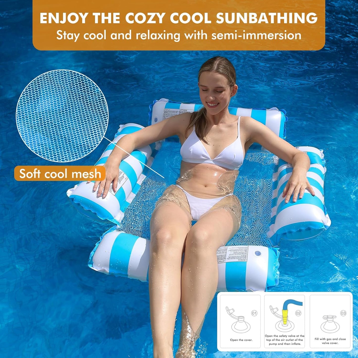 Inflatable Pool Float Chair Lounge for Adults and Kids Floating,Stripe Pattern Float Hammock for Pool Party Summer Water Fun