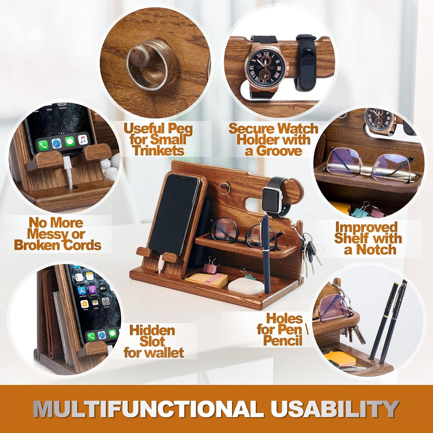 Wood Phone Docking Station Ash Key Holder Wallet Stand Watch Organizer Men Gift Husband Wife Anniversary Dad Birthday Nightstand Purse Father Graduation Male Travel Idea Gadgets (Brown)