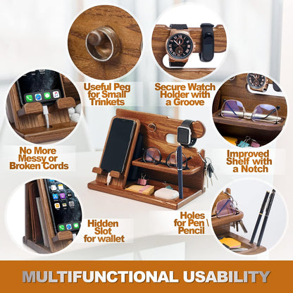 Wood Phone Docking Station Ash Key Holder Wallet Stand Watch Organizer Men Gift Husband Wife Anniversary Dad Birthday Nightstand Purse Father Graduation Male Travel Idea Gadgets (Brown)