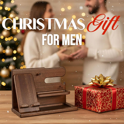 Wood Phone Docking Station Ash Key Holder Wallet Stand Watch Organizer Men Gift Husband Wife Anniversary Dad Birthday Nightstand Purse Father Graduation Male Travel Idea Gadgets (Brown)