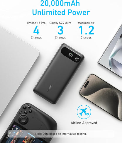 Anker Power Bank, 20,000mAh Portable Charger with Built-in USB-C Cable, 87W Max Fast Charging Battery Pack for Laptop, 2 USB-C and 1 USB-A, for MacBook, iPhone 17/16 Series, Samsung, Switch, and More
