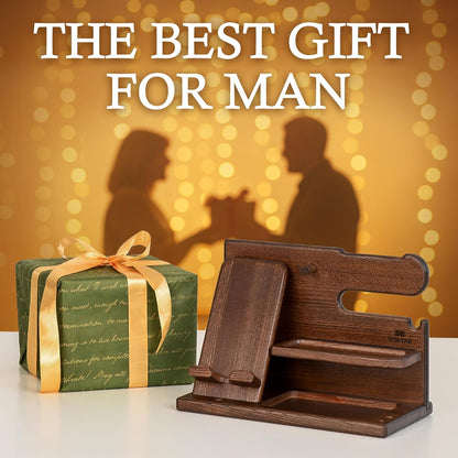 Wood Phone Docking Station Ash Key Holder Wallet Stand Watch Organizer Men Gift Husband Wife Anniversary Dad Birthday Nightstand Purse Father Graduation Male Travel Idea Gadgets (Brown)