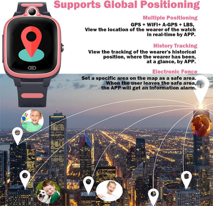 Kids 4G GPS Smart Watch, Waterproof Phone Smartwatch, Worldwide Real-time Tracking Video Phone Call Camera SOS Alarm Geo-Fence Touch Screen Pedometer Anti-Lost GPS Tracker Watch for Birthday Gift