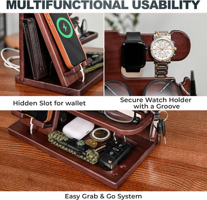 Wood Phone Docking Station Ash Key Holder Wallet Stand Watch Organizer Men Gift Husband Wife Anniversary Dad Birthday Nightstand Purse Father Graduation Male Travel Idea Gadgets (Brown)