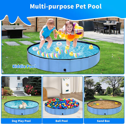 Foldable Dog Pool, Hard Plastic Kids Pool for Toddlers 1-3, 164cm Blue Pet Bathtub, Swimming Pool for Kids, Foldable Kids Pool for Garden, Play Pool for Kids, Dog, Cat