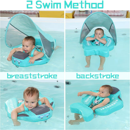 Baby Float, Mambobaby Float Add Tail Newest Mambo Baby Swimming Float with Canopy, Waterproof Non-Inflatable Solid Baby Swim Trainer with Adjustable Safety Strap