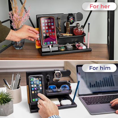 Wood Phone Docking Station Ash Key Holder Wallet Stand Watch Organizer Men Gift Husband Wife Anniversary Dad Birthday Nightstand Purse Father Graduation Male Travel Idea Gadgets (Brown)