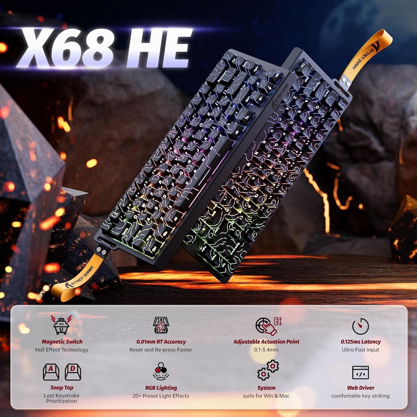 ATTACK SHARK X68 HE Rapid Trigger Mechanical Gaming Keyboard 60% Wired TKL with Adjustable Actuation,Hall Effect snap-fit Switch,8KHz Polling Rate,RGB Backlit,Top Mount for PC Mac Esport Gamer(Black)