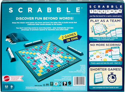 Mattel Games Scrabble Board Game, Family Word Game with Two Ways to Play, Includes 50 Goal Cards That Teach Scrabble Basics for 2-4 Players