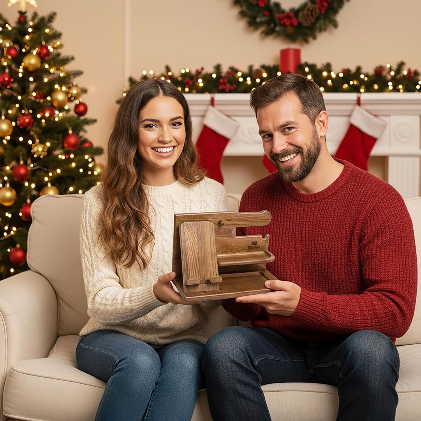 Wood Phone Docking Station Ash Key Holder Wallet Stand Watch Organizer Men Gift Husband Wife Anniversary Dad Birthday Nightstand Purse Father Graduation Male Travel Idea Gadgets (Brown)
