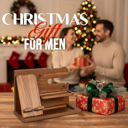 Wood Phone Docking Station Ash Key Holder Wallet Stand Watch Organizer Men Gift Husband Wife Anniversary Dad Birthday Nightstand Purse Father Graduation Male Travel Idea Gadgets (Brown)