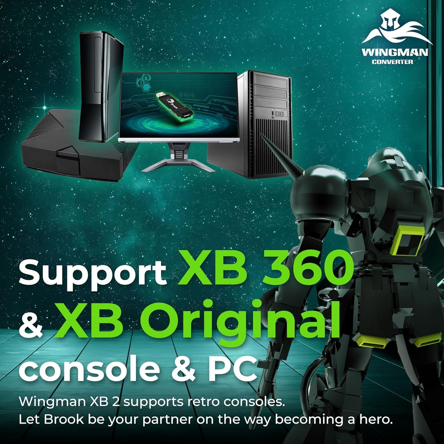 Brook Wingman XB 2 Converter- Wireless Controller Adapter for XB 360, XB Original Consoles and PC, Supports Remap and Adjustable Turbo [Exclusive Version]