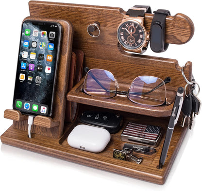 Wood Phone Docking Station Ash Key Holder Wallet Stand Watch Organizer Men Gift Husband Wife Anniversary Dad Birthday Nightstand Purse Father Graduation Male Travel Idea Gadgets (Brown)