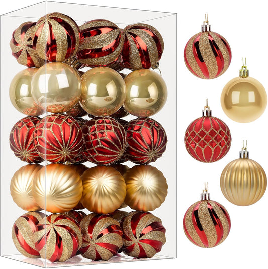 SHareconn 30ct 6cm Christmas Tree Balls Ornaments, Colored Shatterproof Plastic Decorative Baubles for Xmas Tree Decor Holiday Party Wedding Decoration (Red & Gold, 2.36 Inch)