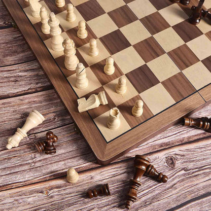 15 Inch Wooden Chess Set with Magnetic Pieces, Folding Chess Board, Extra Queens, Portable Travel Tournament Chess Game for Adults & Kids