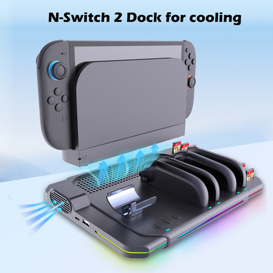 Switch 2 Cooling Dock with 4 Joy-Con Charger | Pro Controller & Game Card Holder | RGB Fan Base Station for Nintendo Switch 2 Accessories