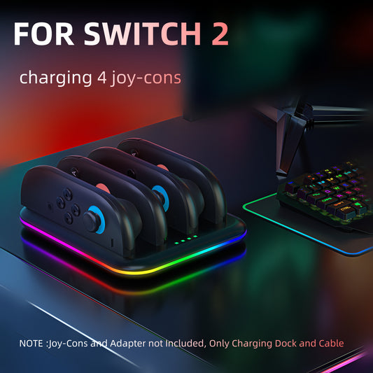 Switch 2 Joy-Con Charging Dock with RGB Lights | 4-Port Fast Charging Station | Horizontal Stand for Nintendo Switch 2 | 4.5" x 1" x 6.5" (11.5x2.5x16.5cm) | ABS Construction