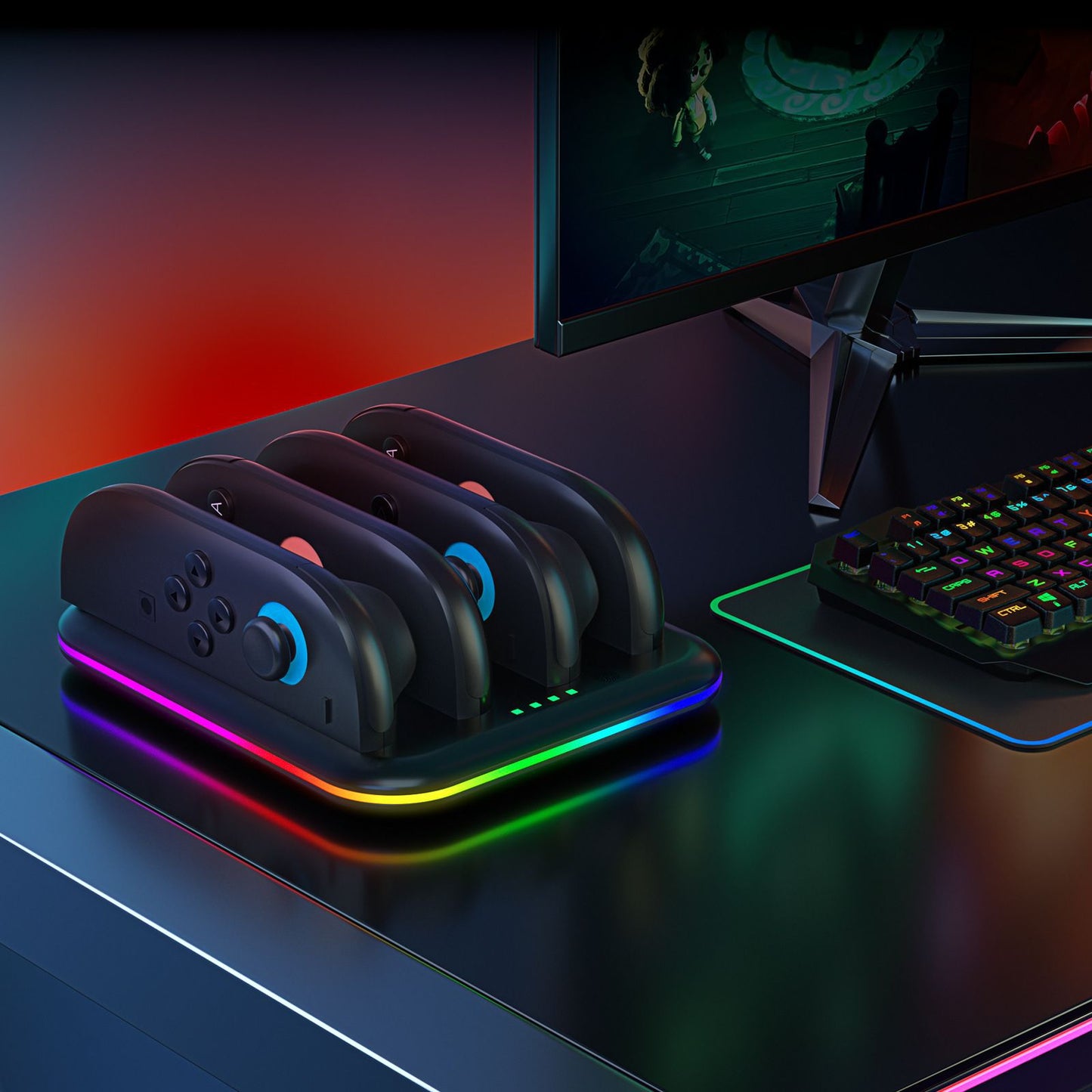 Switch 2 Joy-Con Charging Dock with RGB Lights | 4-Port Fast Charging Station | Horizontal Stand for Nintendo Switch 2 | 4.5" x 1" x 6.5" (11.5x2.5x16.5cm) | ABS Construction