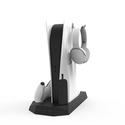 "PS5 Cooling Stand with Dual Controller Charger | Multi-Function Cooling Base for PlayStation 5 Digital/Disc Edition | 8.1×1.7×14.9in | Type-C Fast Charging | Includes Headset Hook & Tools (White/Black)"