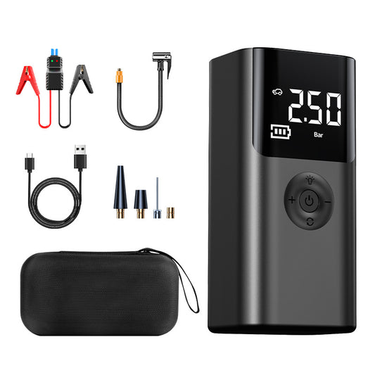 Portable tyre inflator and starter set (petrol/diesel dual fuel) - USB rechargeable, LED light, digital display, clamps, hoses and accessories for cars, motorbikes, bicycles