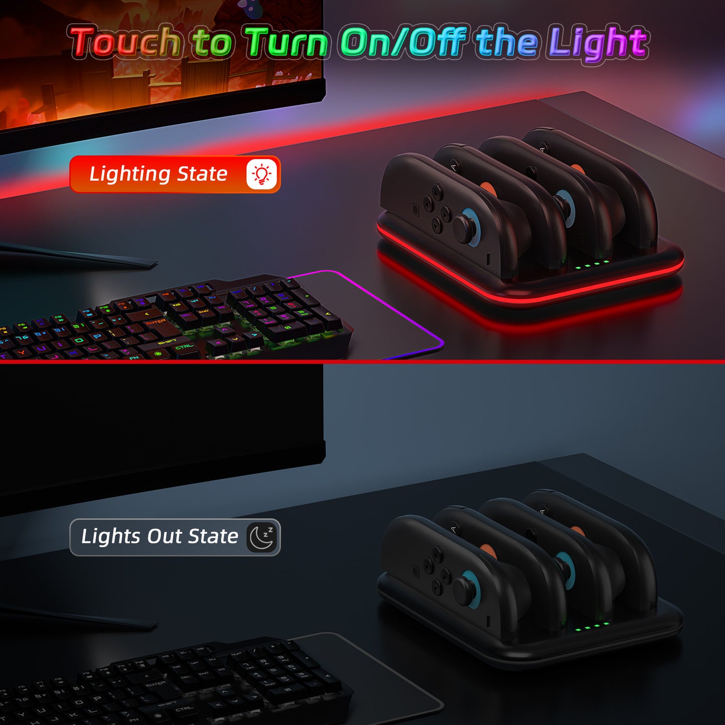 Switch 2 Joy-Con Charging Dock with RGB Lights | 4-Port Fast Charging Station | Horizontal Stand for Nintendo Switch 2 | 4.5" x 1" x 6.5" (11.5x2.5x16.5cm) | ABS Construction