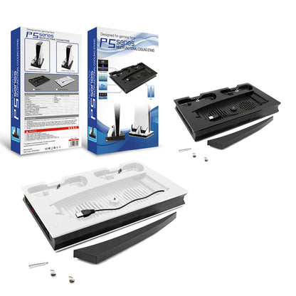 "PS5 Cooling Stand with LED Charging Dock | Multi-Functional Cooling Fan Base for PS5 Digital/Disc Edition | 7.87×1.81×12.99in | Magnetic RGB Cooling System | Includes 4 Magnetic Heads (White/Black)"