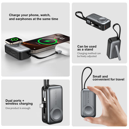 3-in-1 Portable Power Bank with Built-in Cables | 5000mAh Wireless Charging Dock for iPhone, Android Smartphones, AirPods | Foldable Stand (Space Gray, Silver)