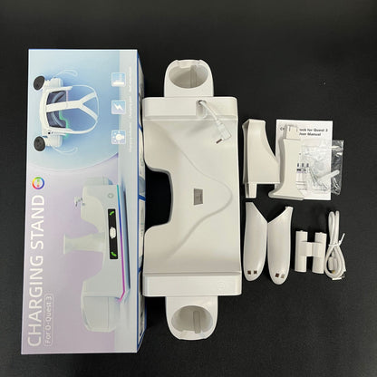 "Meta Quest 3S & Quest 3 Wall-Mounted Charging Dock with RGB Lights | Dual Controller & Headset Charger | Fast Type-C Charging | White ABS VR Stand | Includes Cable"