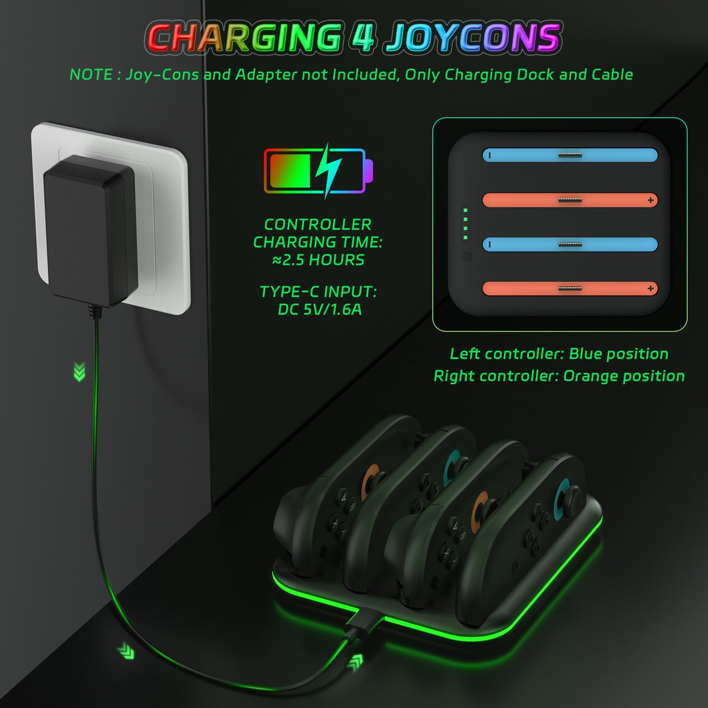 Switch 2 Joy-Con Charging Dock with RGB Lights | 4-Port Fast Charging Station | Horizontal Stand for Nintendo Switch 2 | 4.5" x 1" x 6.5" (11.5x2.5x16.5cm) | ABS Construction