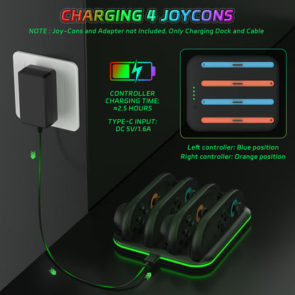 Switch 2 Joy-Con Charging Dock with RGB Lights | 4-Port Fast Charging Station | Horizontal Stand for Nintendo Switch 2 | 4.5" x 1" x 6.5" (11.5x2.5x16.5cm) | ABS Construction