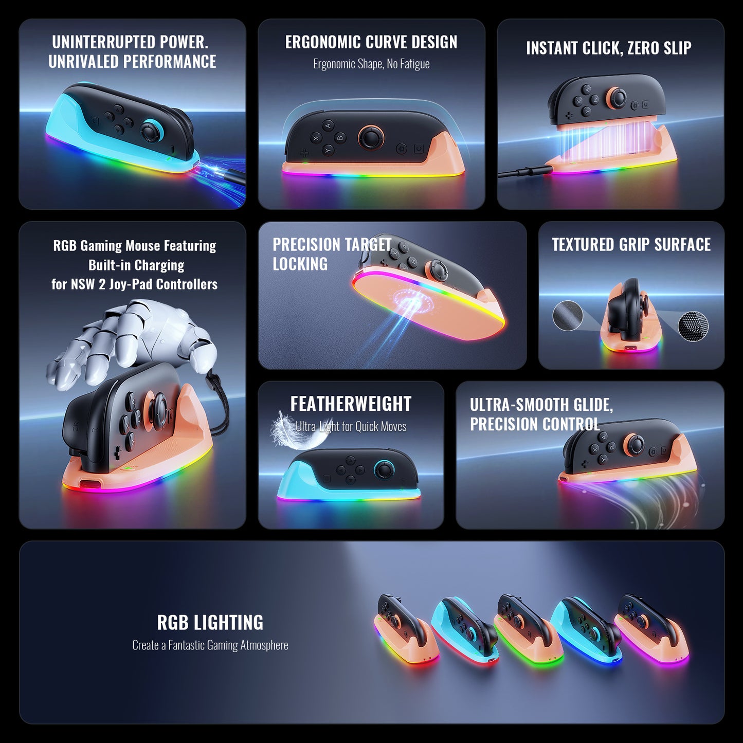 Nintendo Switch 2 Joy-Con Charging Mouse Dock | RGB LED Charging Station with Wireless Optical Mouse | Rechargeable NS2 Controller Dock with RGB Lighting [2025 New Version]