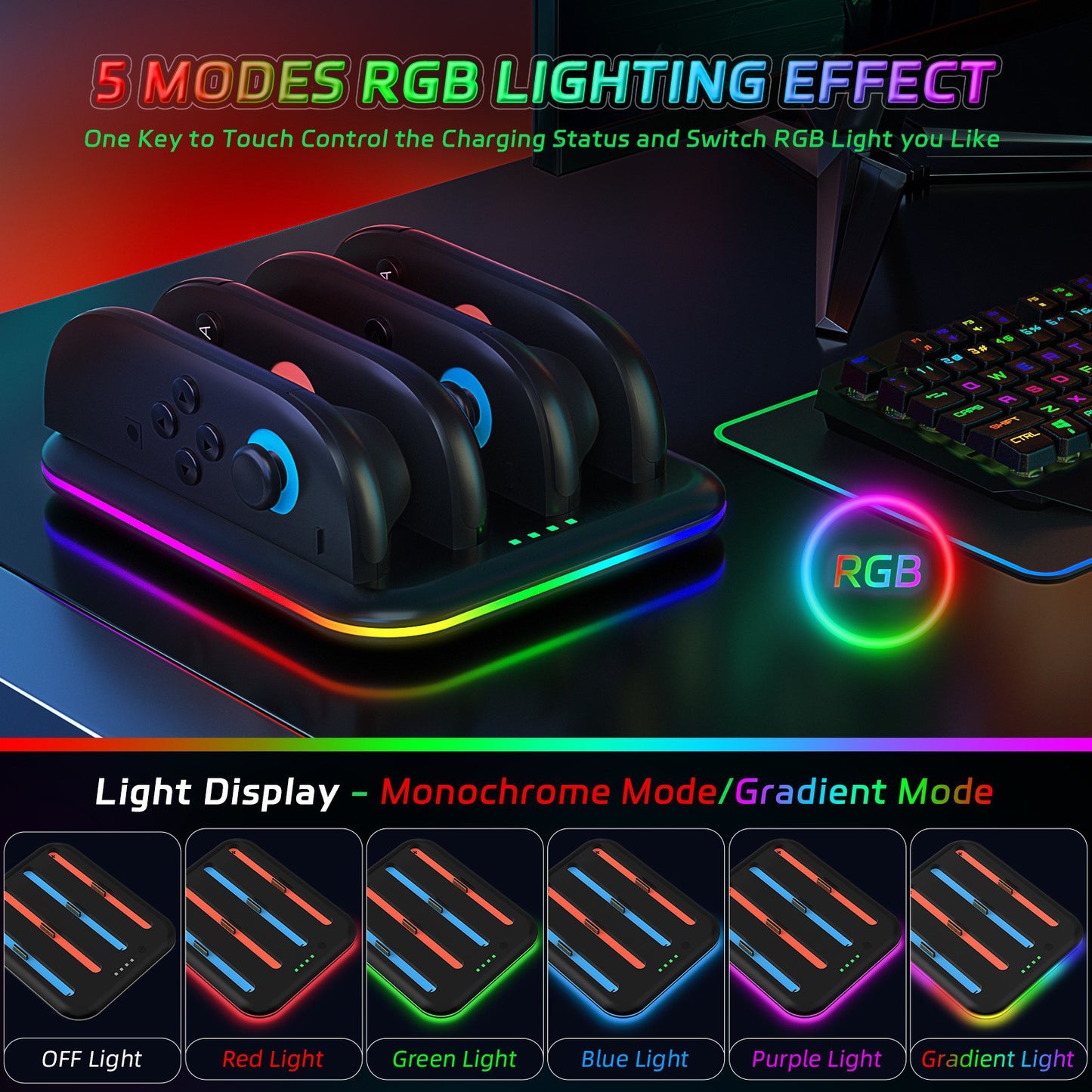 Switch 2 Joy-Con Charging Dock with RGB Lights | 4-Port Fast Charging Station | Horizontal Stand for Nintendo Switch 2 | 4.5" x 1" x 6.5" (11.5x2.5x16.5cm) | ABS Construction