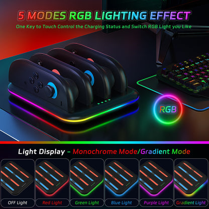 Switch 2 Joy-Con Charging Dock with RGB Lights | 4-Port Fast Charging Station | Horizontal Stand for Nintendo Switch 2 | 4.5" x 1" x 6.5" (11.5x2.5x16.5cm) | ABS Construction