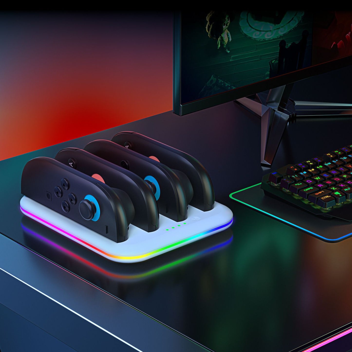 Switch 2 Joy-Con Charging Dock with RGB Lights | 4-Port Fast Charging Station | Horizontal Stand for Nintendo Switch 2 | 4.5" x 1" x 6.5" (11.5x2.5x16.5cm) | ABS Construction