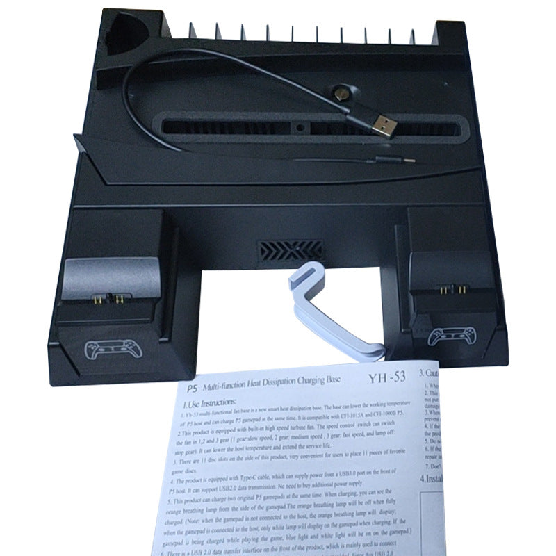 "PS5 Cooling Stand with Dual Controller Charger & LED Lights | Multi-Functional Cooling Dock for PlayStation 5 Console & Controllers | 10.3×2.4×10.3in | Type-C Powered | Includes Headset Hook (Black)"