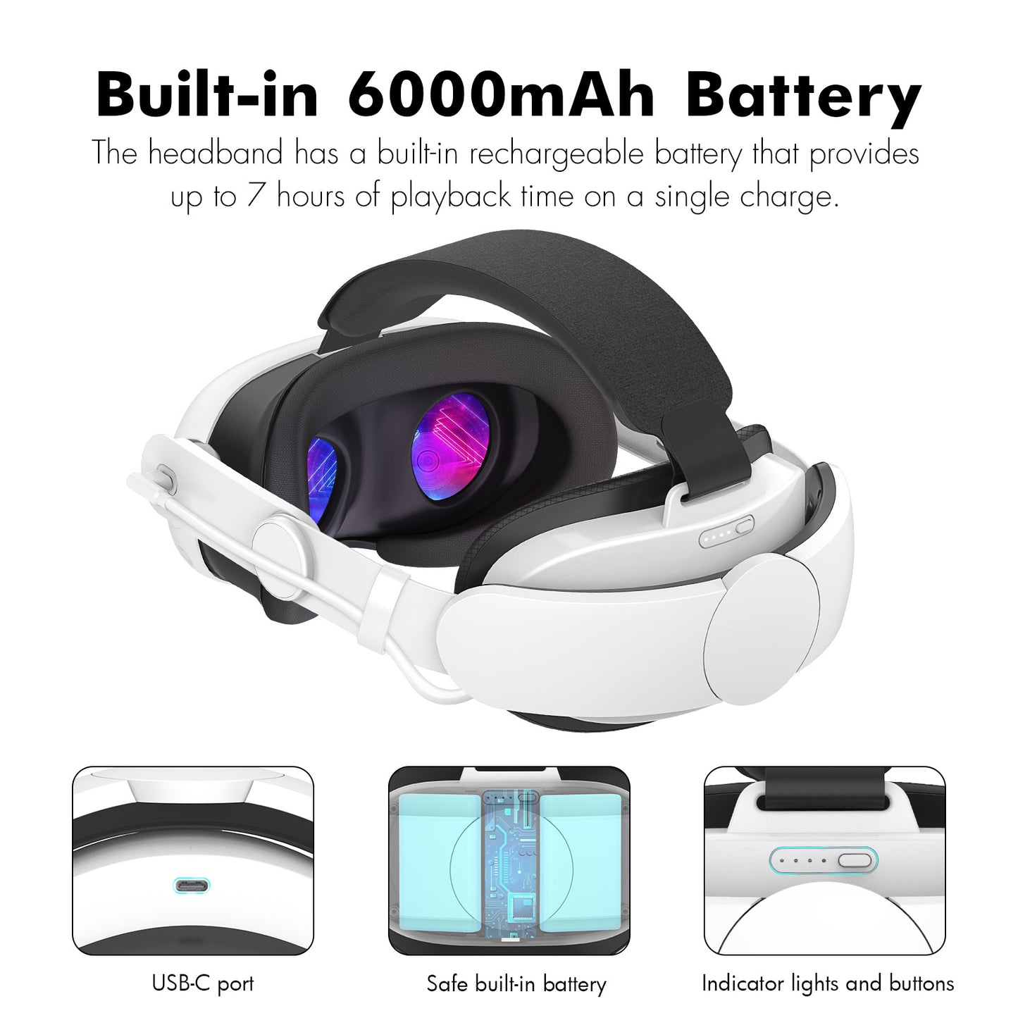 "6000mAh Battery Head Strap for Meta Quest 3 | Adjustable VR Power Bank with Fast Charging | Enhanced Comfort White Head Mount Accessory (Model: MQ3-6000)"