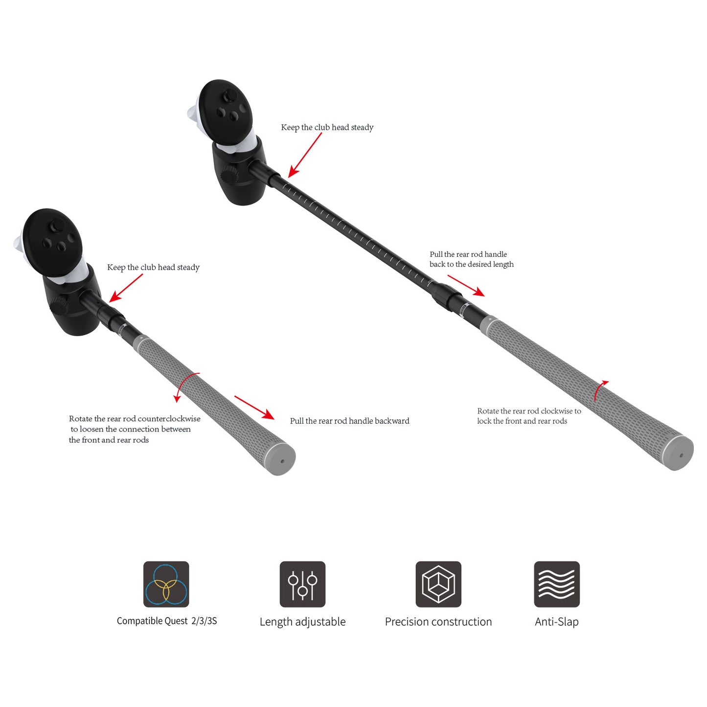 "Meta Quest 3S/Quest 3/Quest 2 Golf Club Attachment - VR Golf Handle Adapter | Realistic Swing Feel | ABS+Aluminum+Silicon Grip | Official Style Golf Club for VR Sports Games"